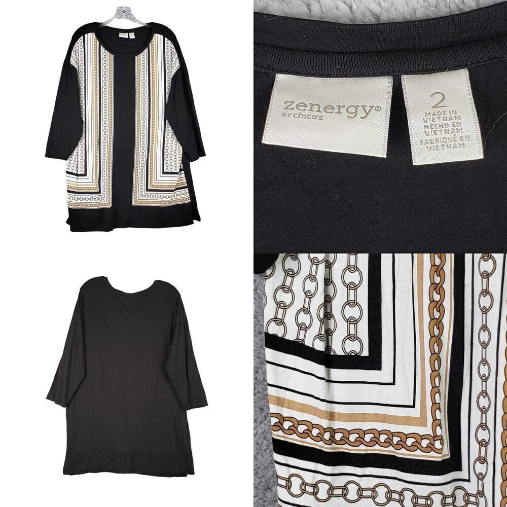 Chicos Zenergy Shirt Womens Size 2 US Large Black Chainlink Rayon Stretch